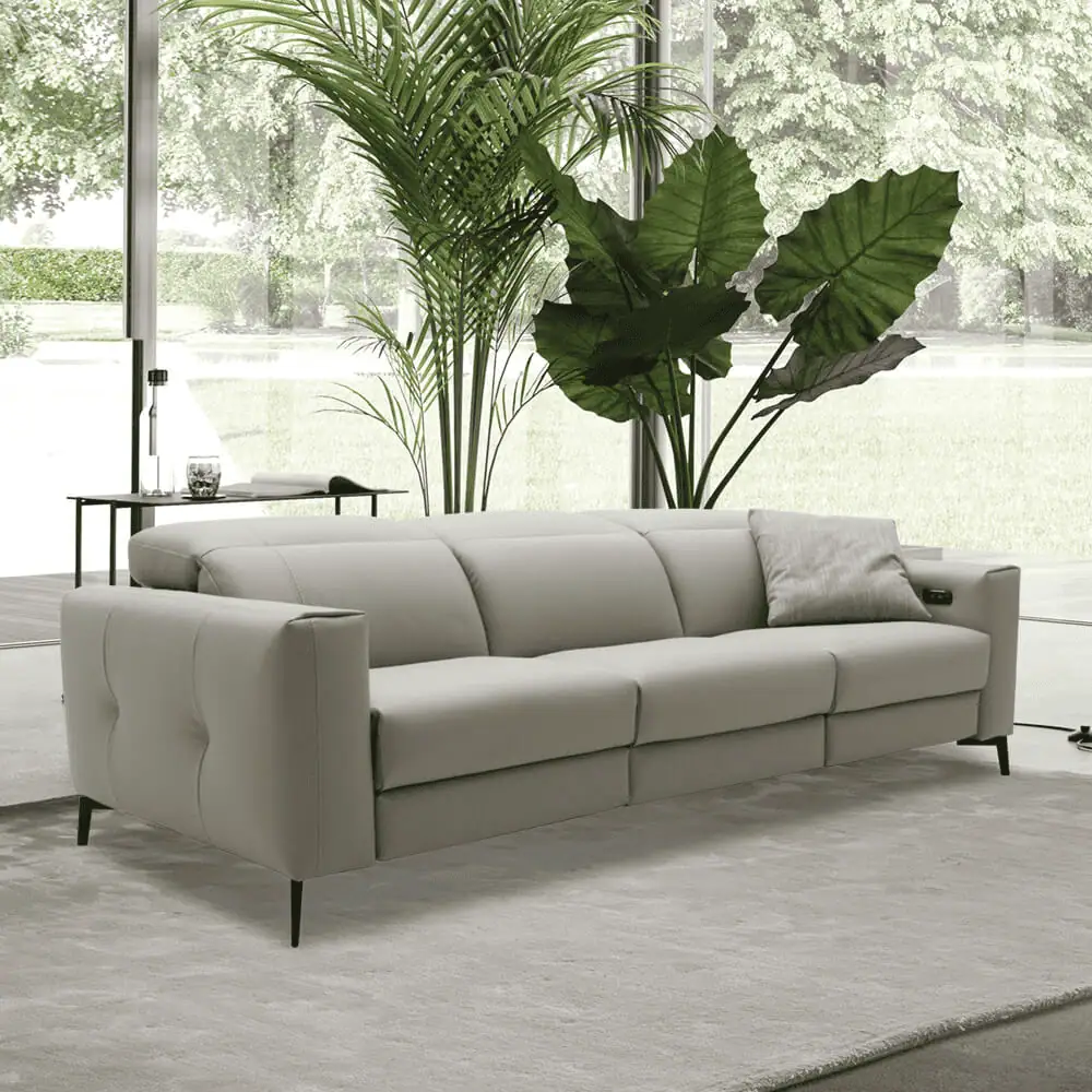 NICOLINE義大利進口真皮沙發｜PISA 一字型雙電動全牛皮沙發－線條簡潔、低背、米白色、金屬腳，現代風格首選沙發