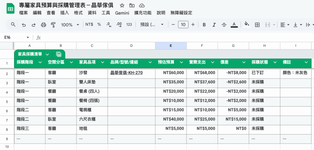 新家家具3階段採購清單-Excel範本