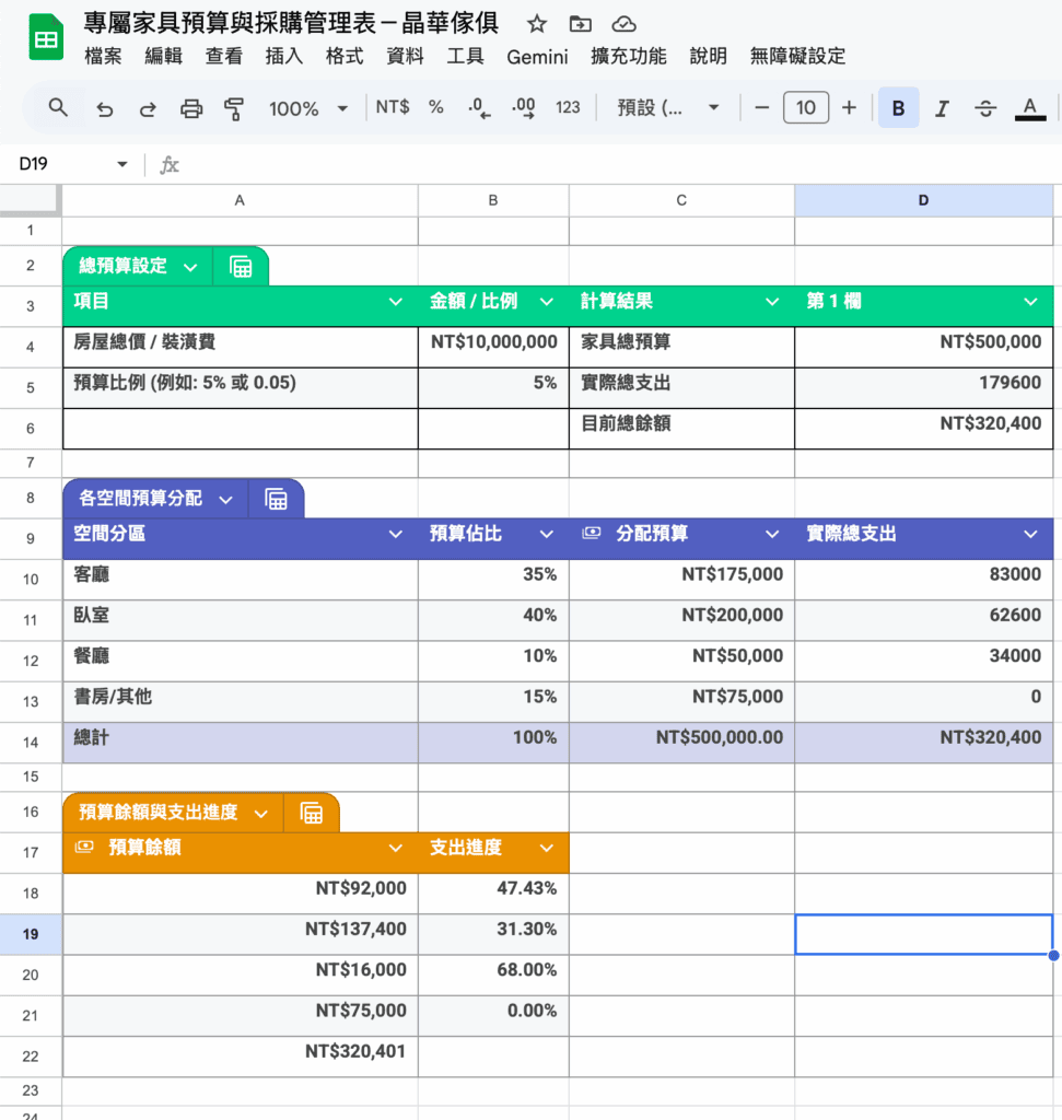 專屬家具預算與採購管理表-Excel範本